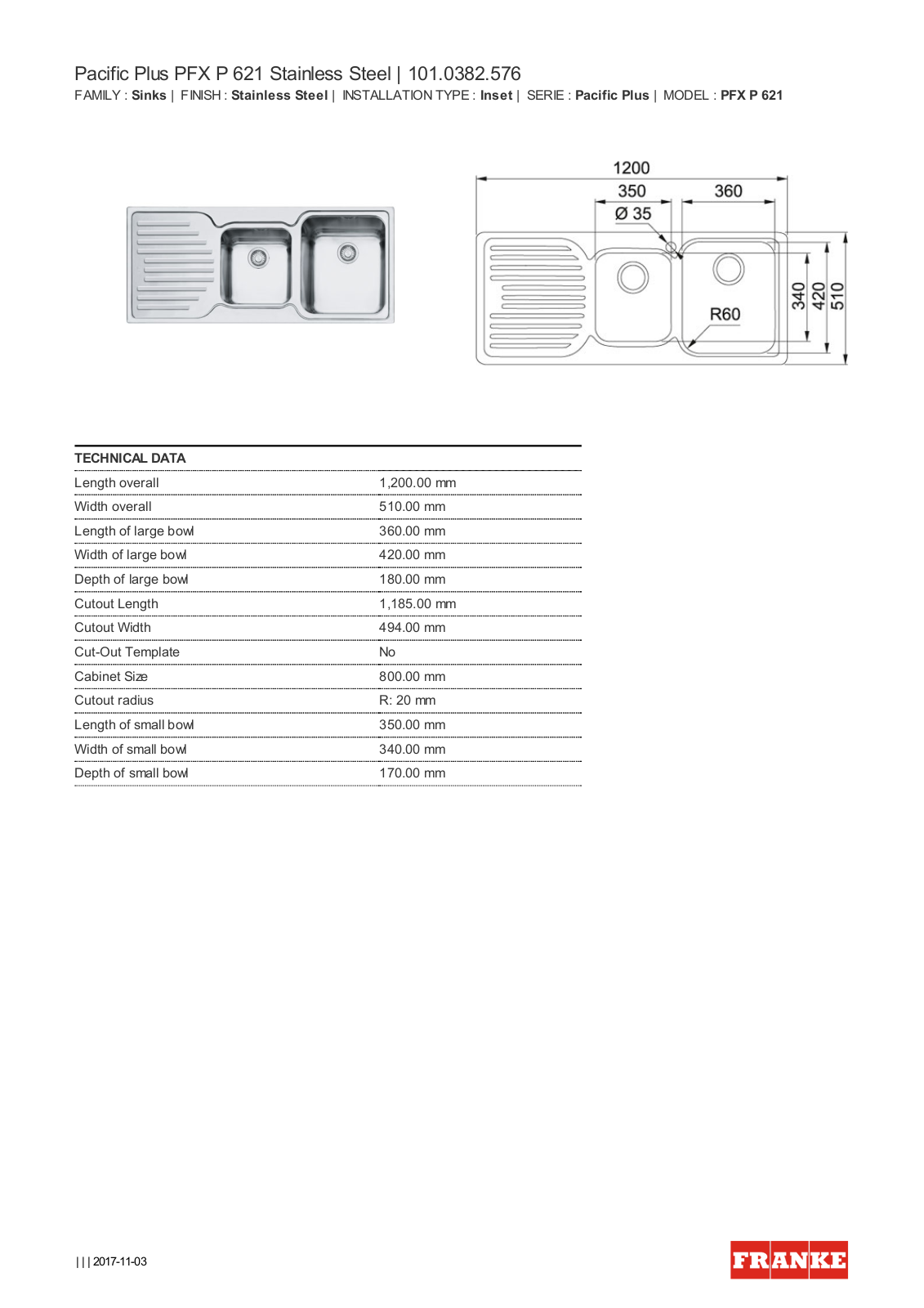 Franke PFX-P621LHD Specifications Sheet