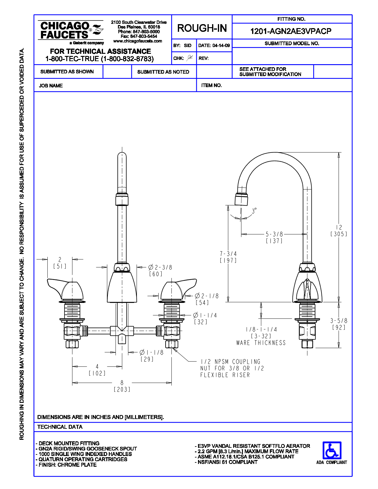 Chicago Faucet 1201-AGN2AE3VPA User Manual