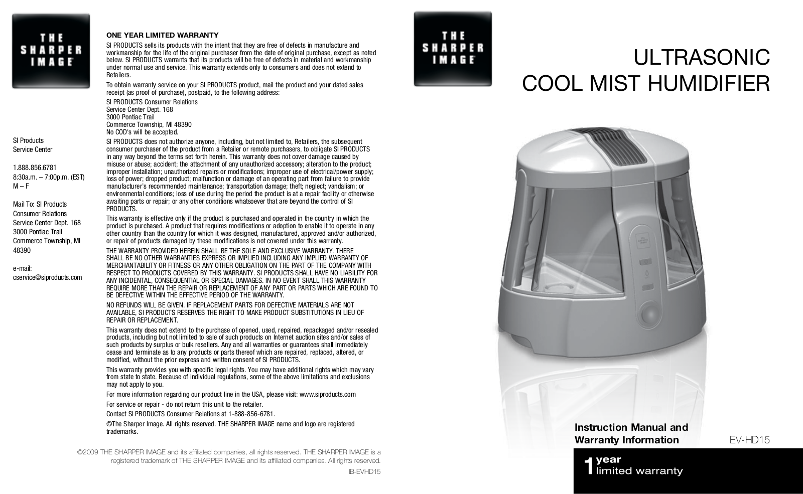 Sharper Image ultrasonic cool mist humidifier User Manual