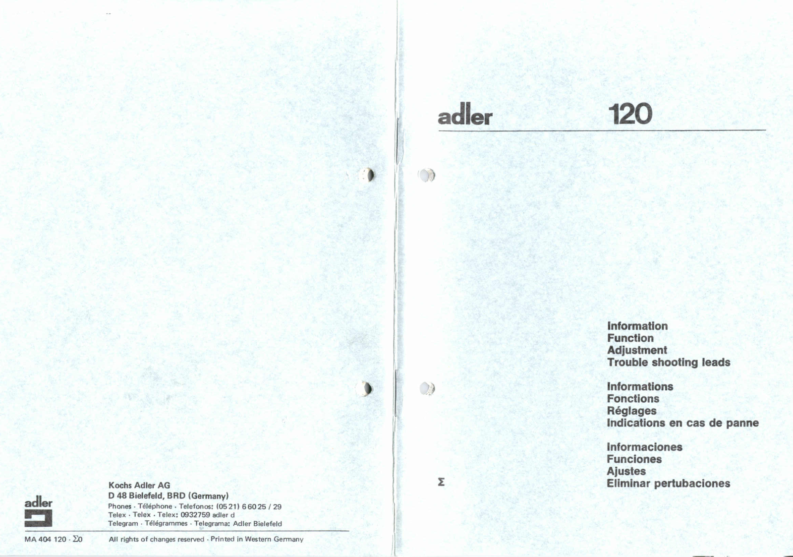 Duerkopp Adler 120 Service Manual