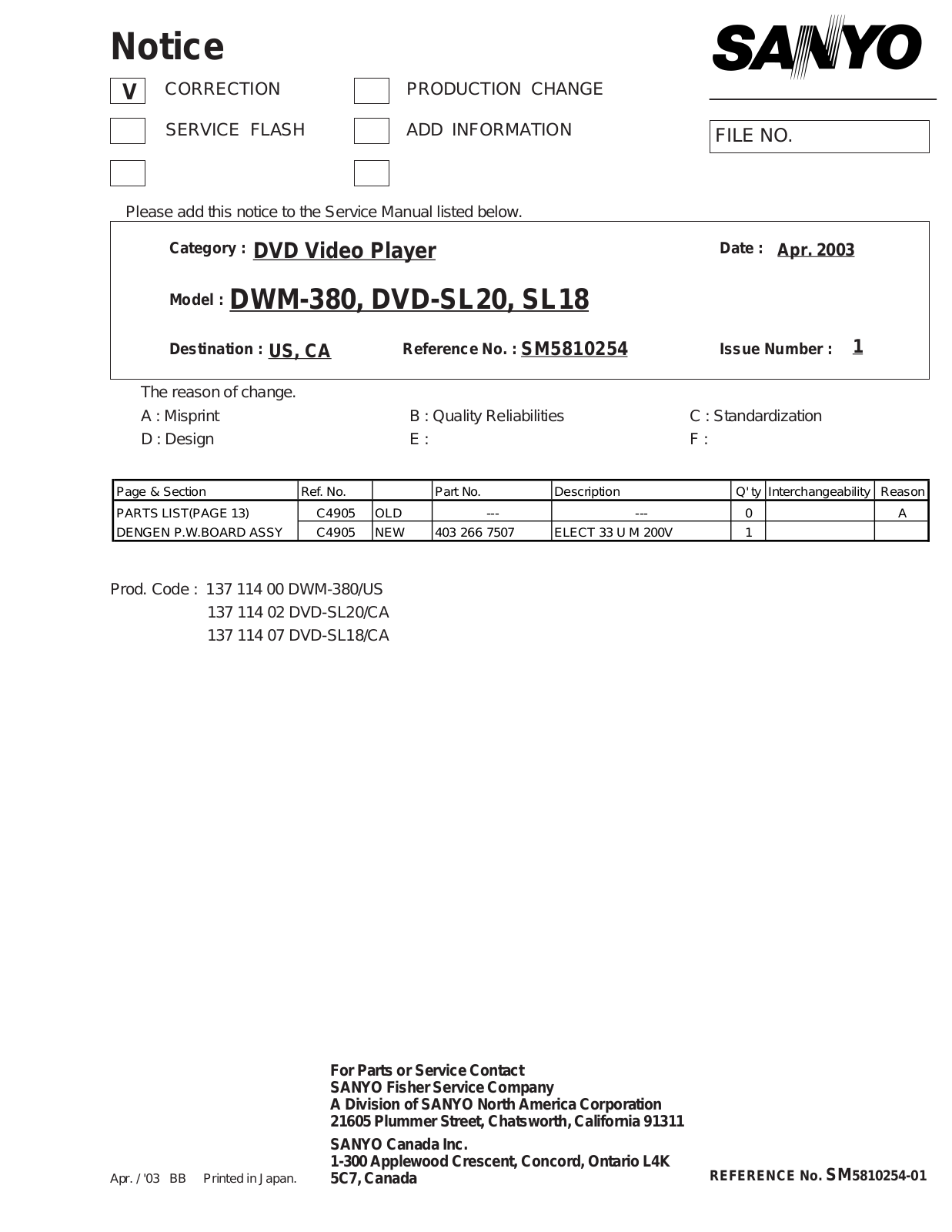 Sanyo DWM-380, DVD-SL20, SL18 Service Manual