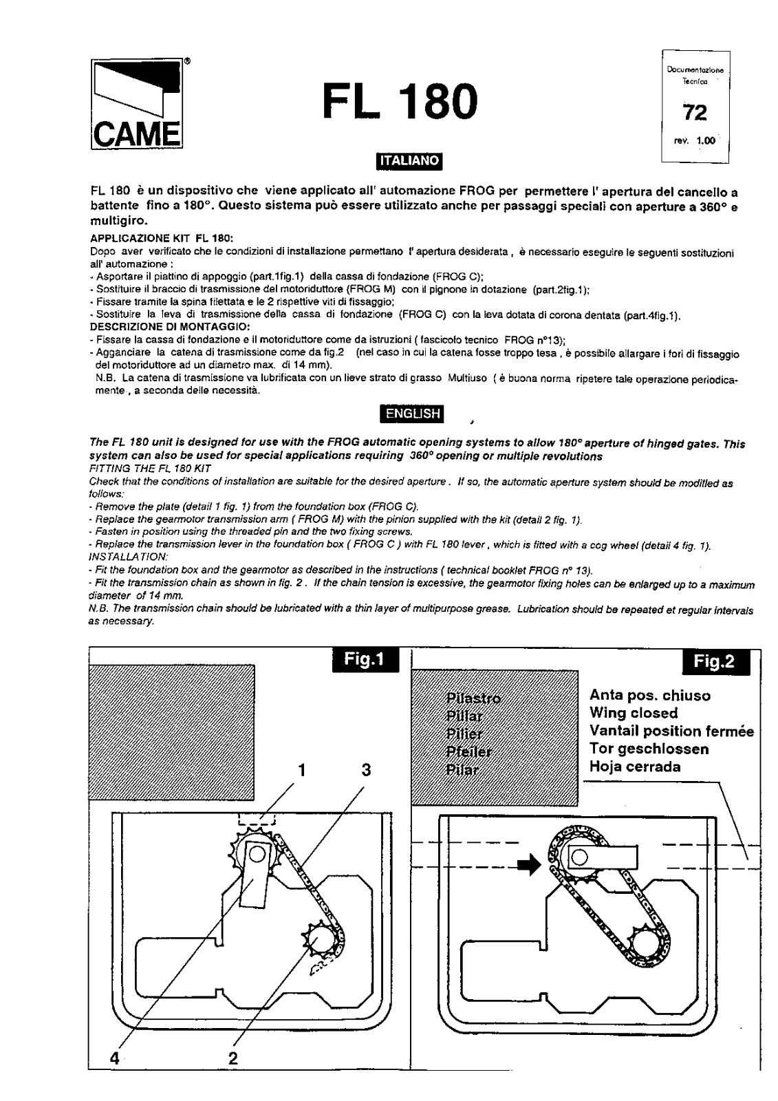 CAME FROG FL180 User Manual