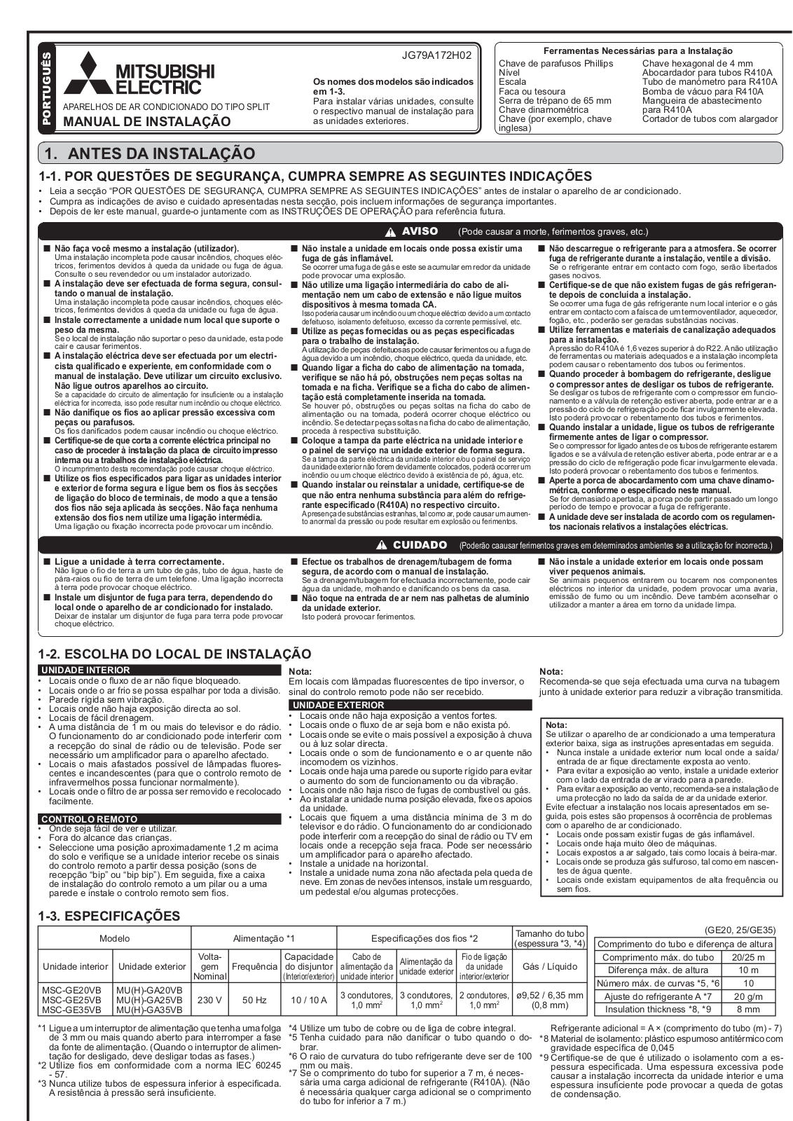 Mitsubishi JG79A172H02 INSTALLATION MANUAL