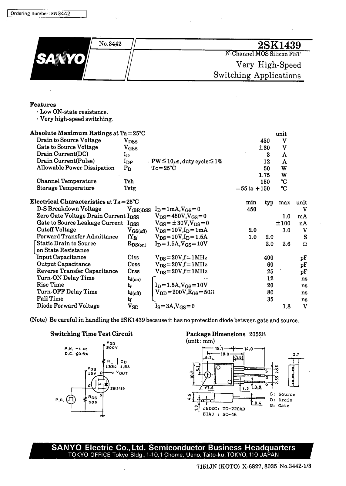 SANYO 2SK1439 Datasheet