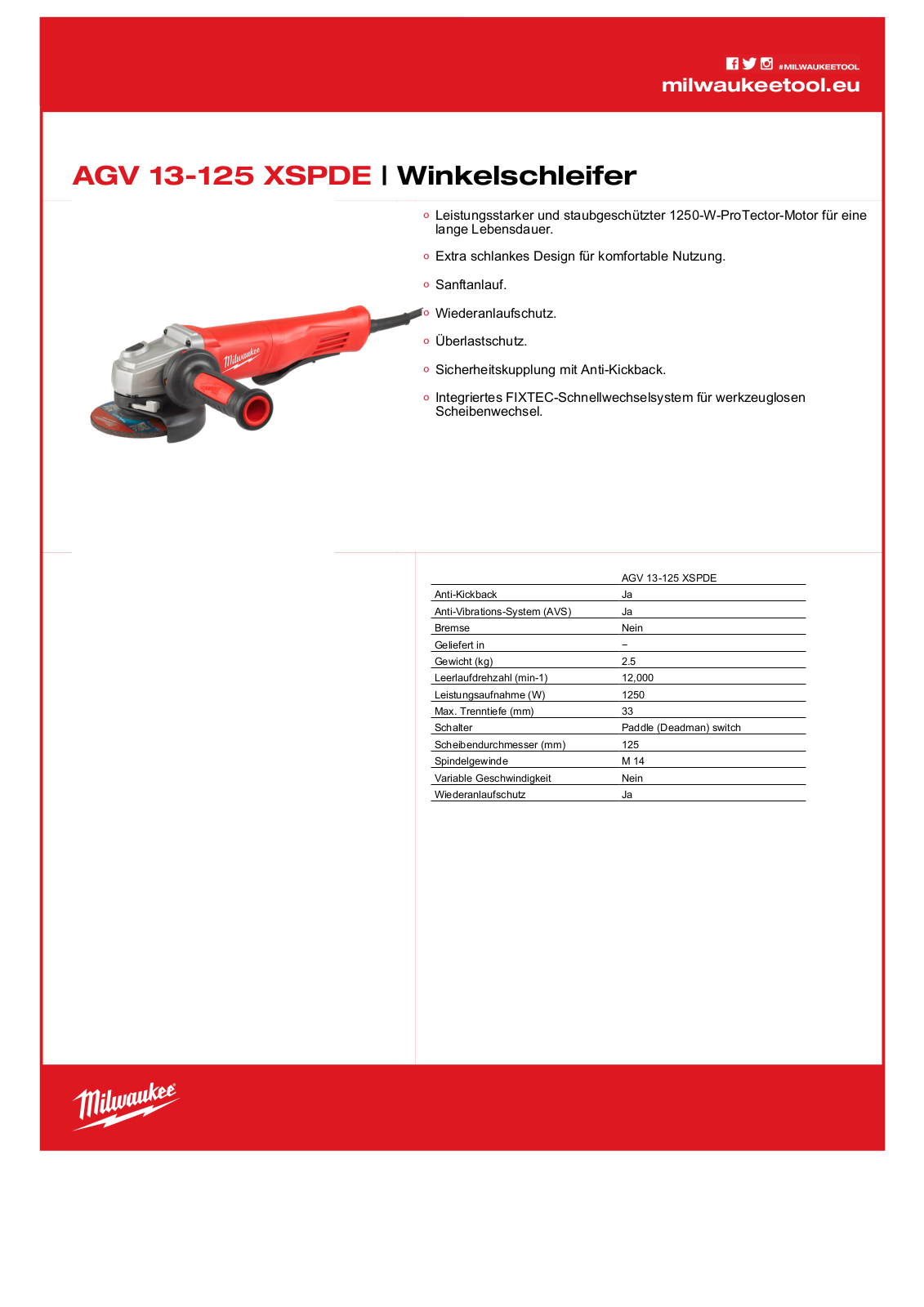 Milwaukee AGV 13-125 XSPDE User Manual