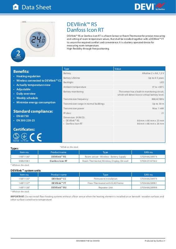 Danfoss Devilink Rs Danfoss Icon Rt Data Sheet