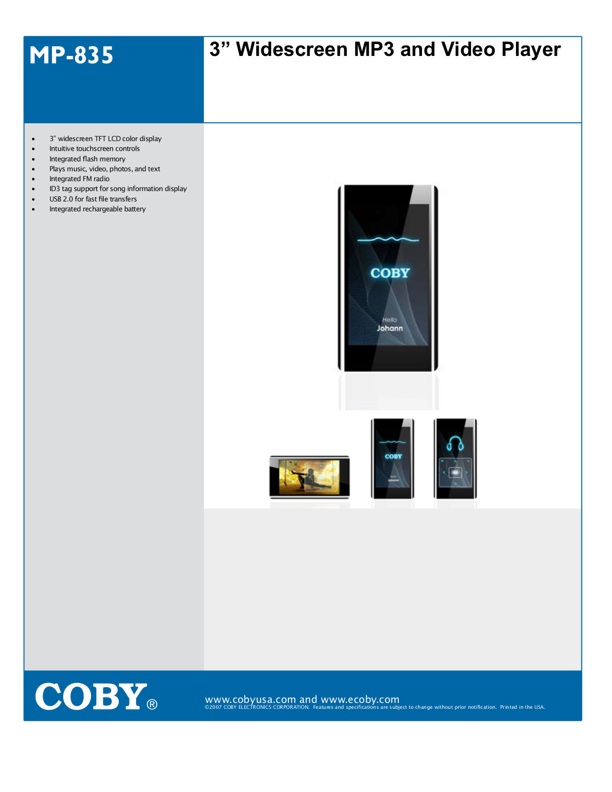 Coby MP-835 2GB, MP-835 4GB, IC460C, MP-835 Specifications