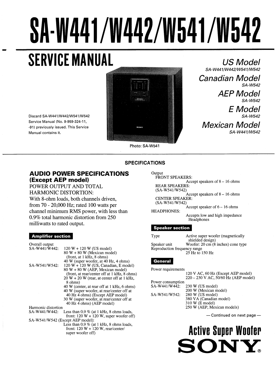 Sony SAW-442, SAW-441, SAW-542, SAW-541 Service manual