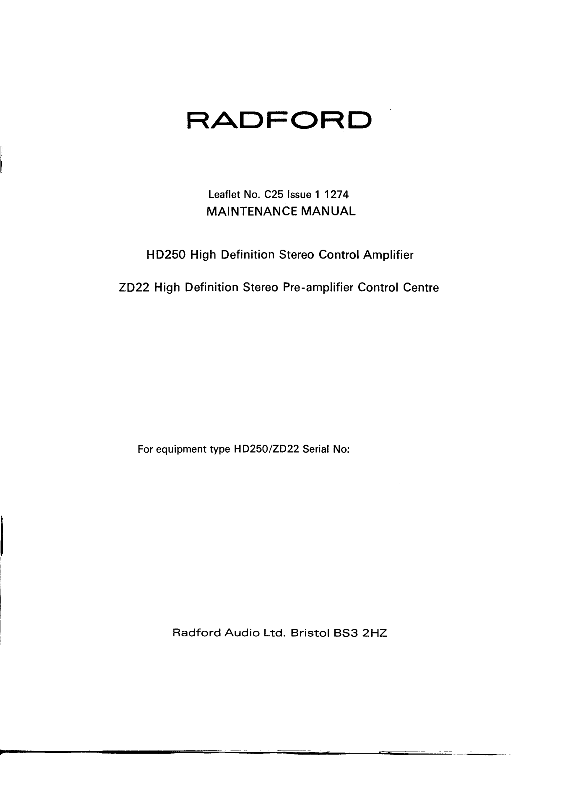 Radford HD-250, ZD-22 Service manual