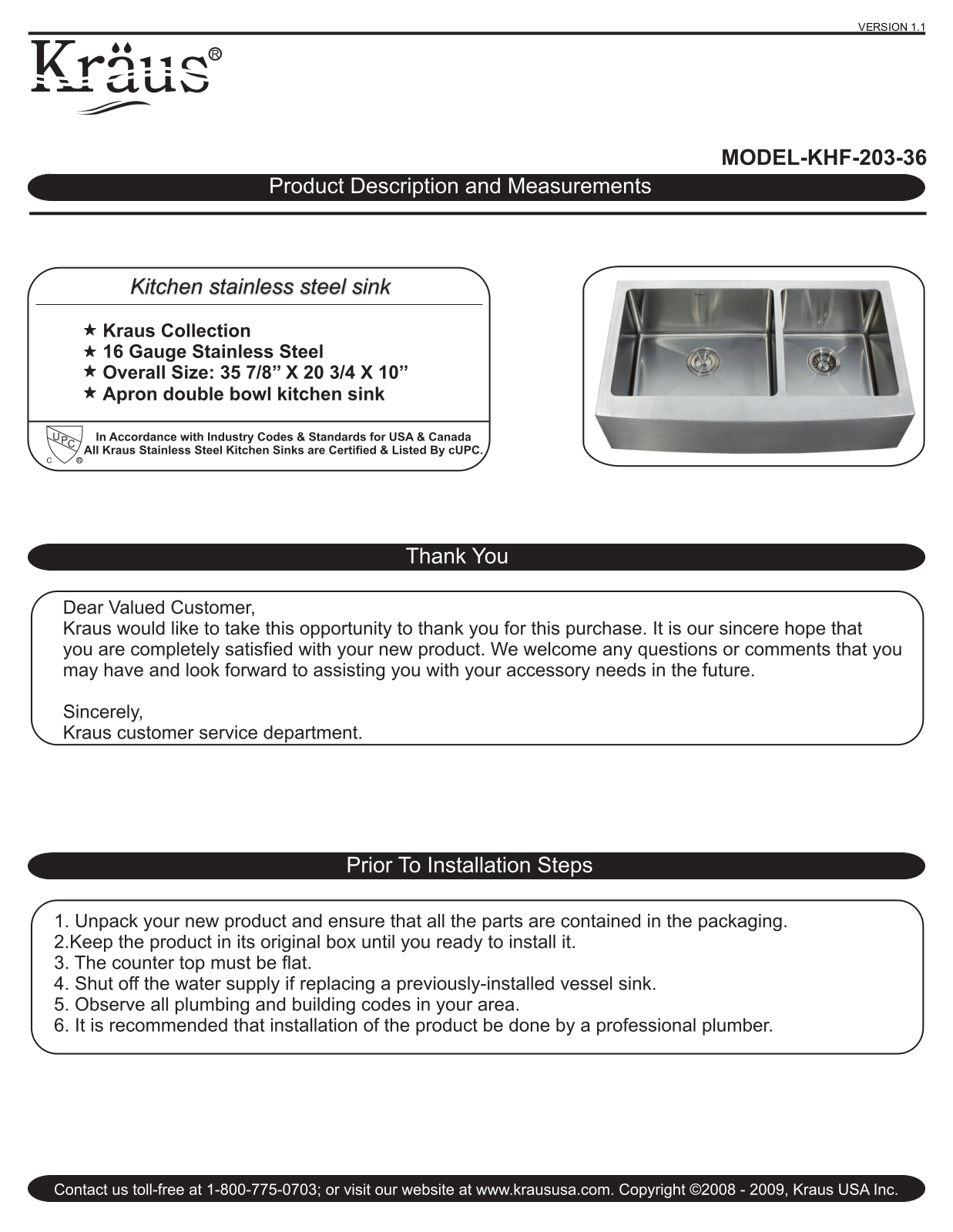 Kraus KHF20336KPF1612KSD30SS, KHF20336 Installation Manual