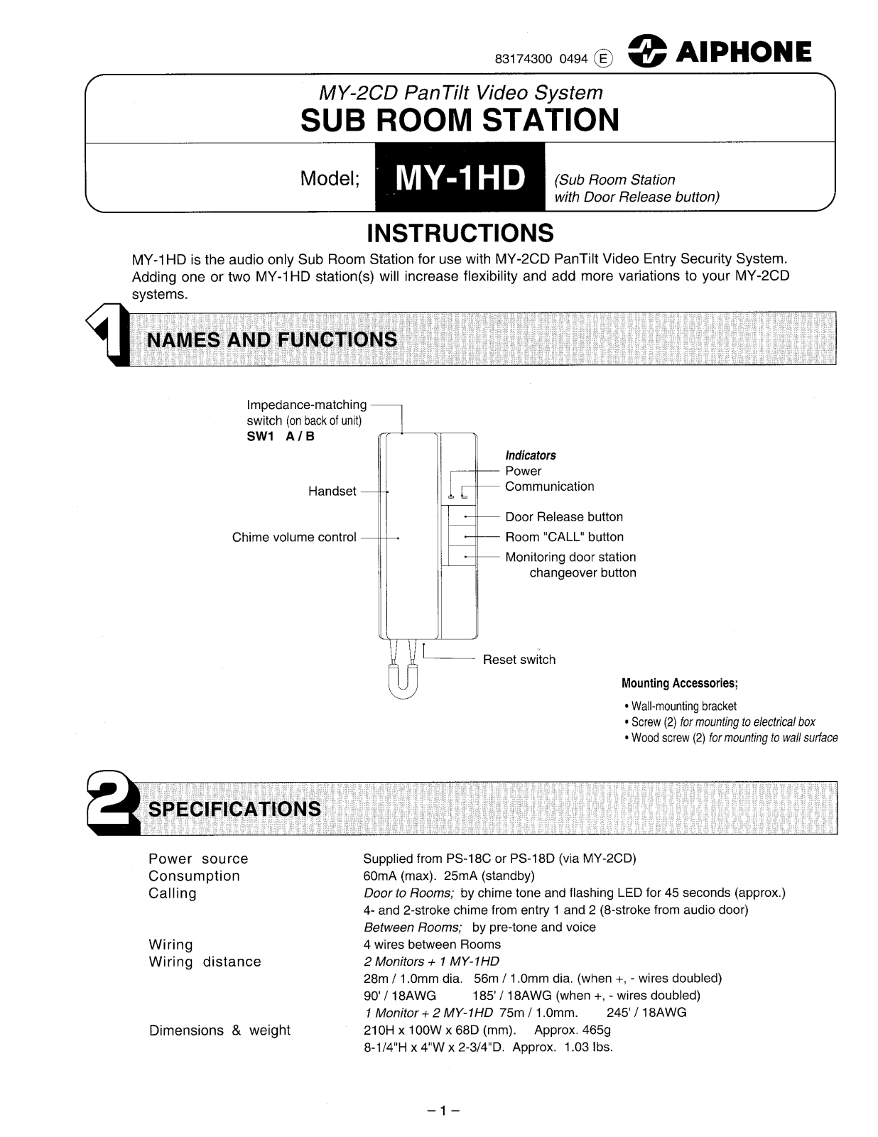 Aiphone MY-1HD User Manual