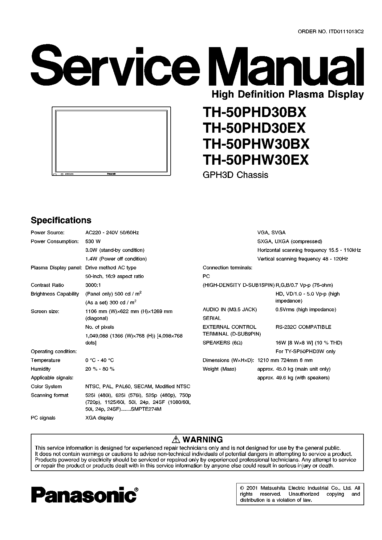 Panasonic TH-50PHD30BX, TH-50PHD30EX, TH-50PHW30BX, TH-50PHW30EX Service manual