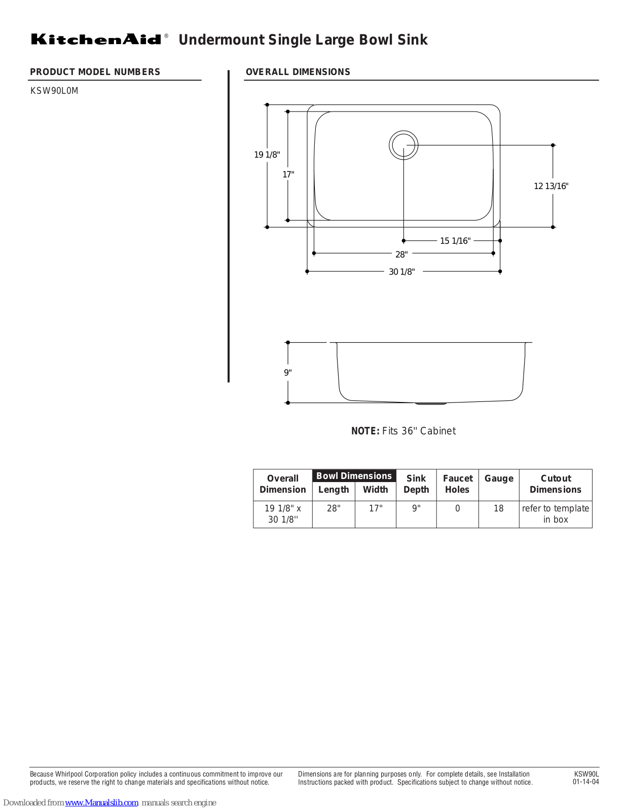 KitchenAid KSW90L0MMR DIM, KSW90L0M Instructions Manual