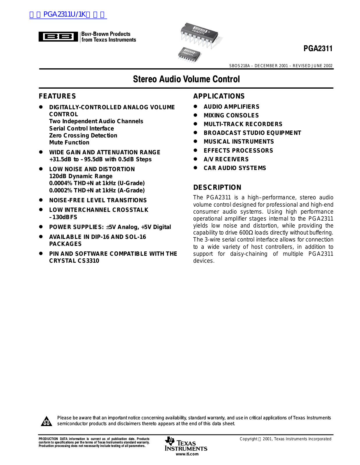 TEXAS INSTRUMENTS PGA2311 Technical data