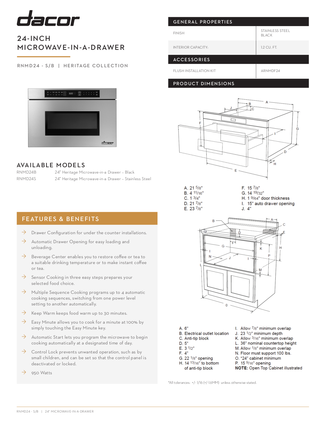 Dacor RNMD30B, RNMD24S Specsheet