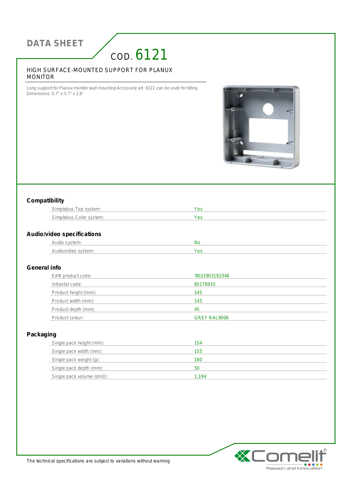 Comelit 6121 Specsheet