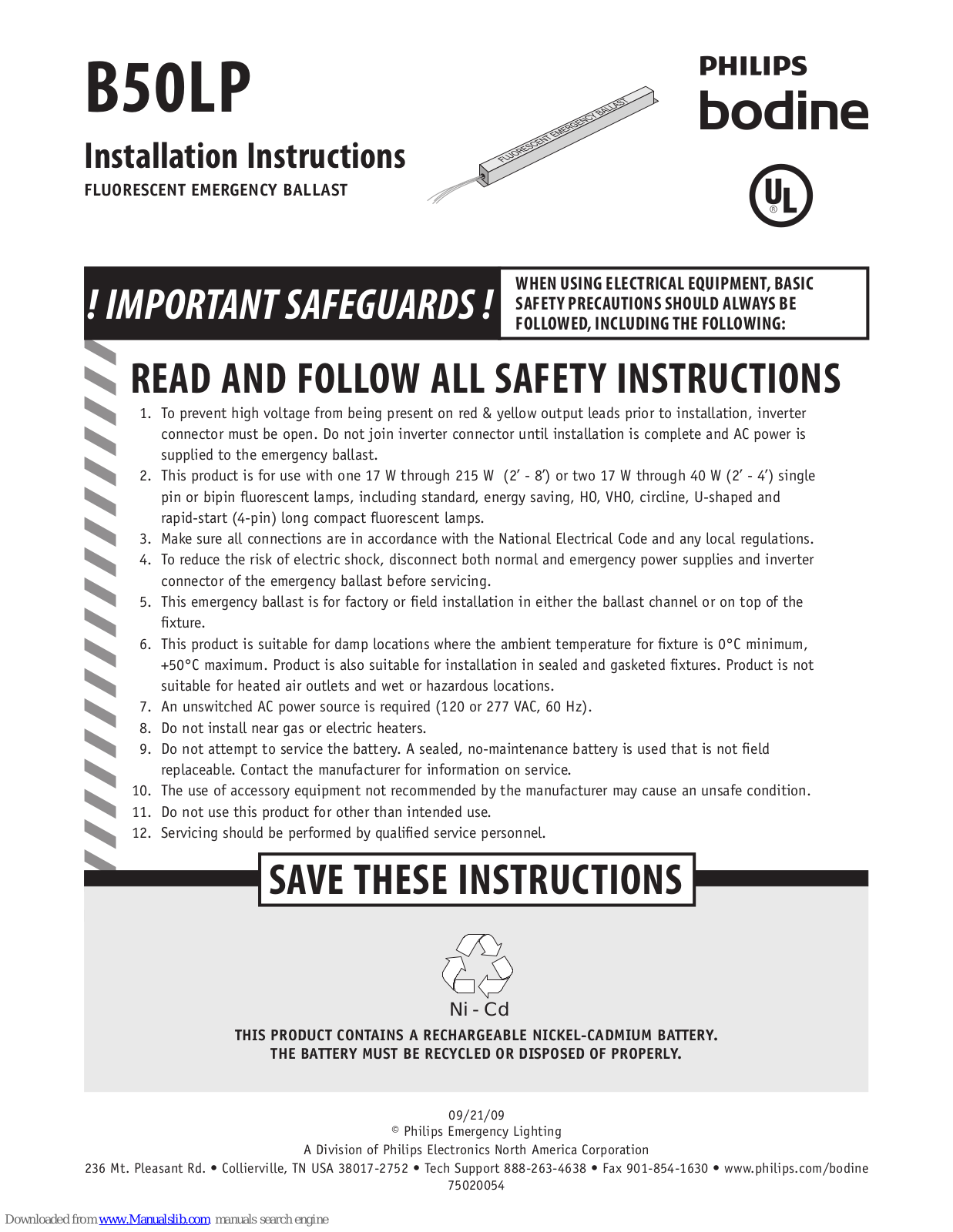 Philips B50LP Installation Instructions Manual