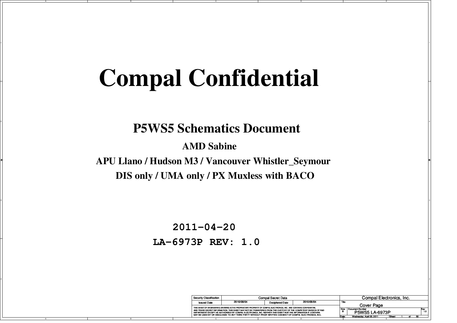 Compal LA-6973P P5WS5 AMD Sabine, NV55S, EasyNote TS11 Schematic