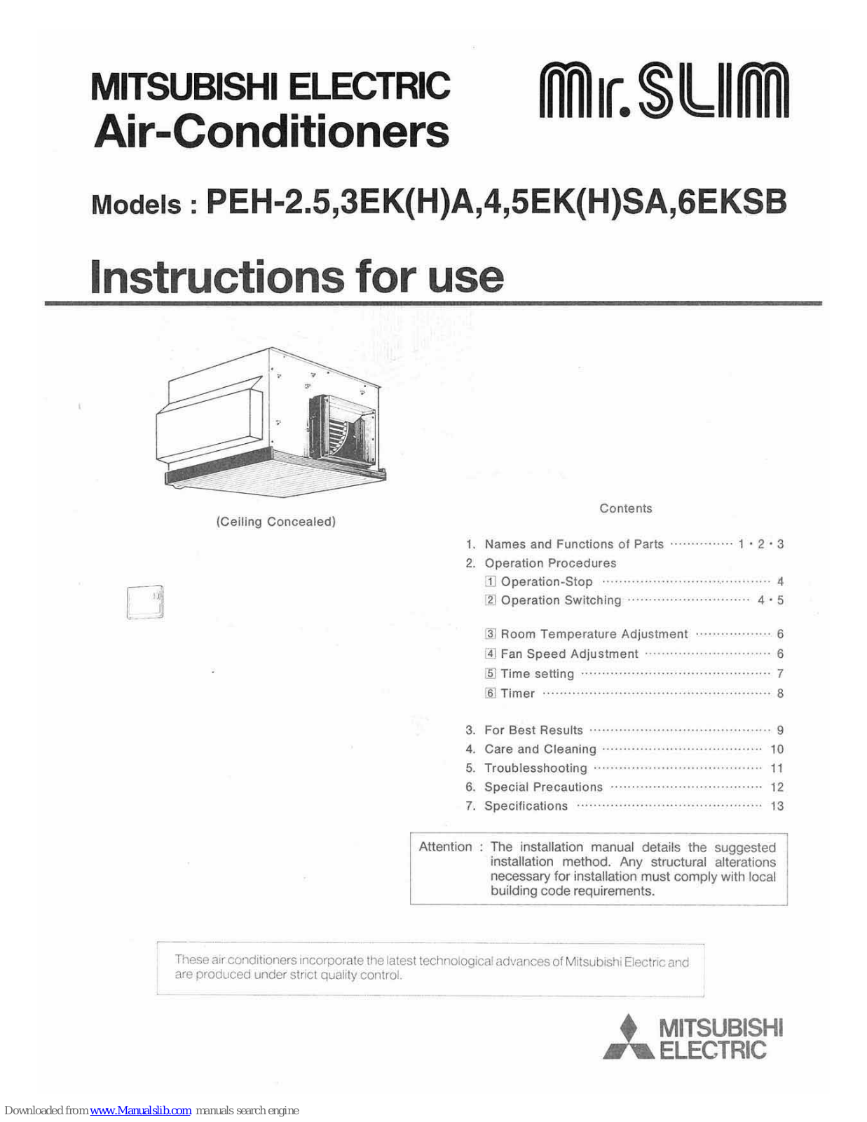 Mitsubishi PEH-6EKSB, PEH-4EK(H)SA, PEH-2.5EKA, PEH-2.5EKHA, PEH-3EKA Instructions For Use Manual