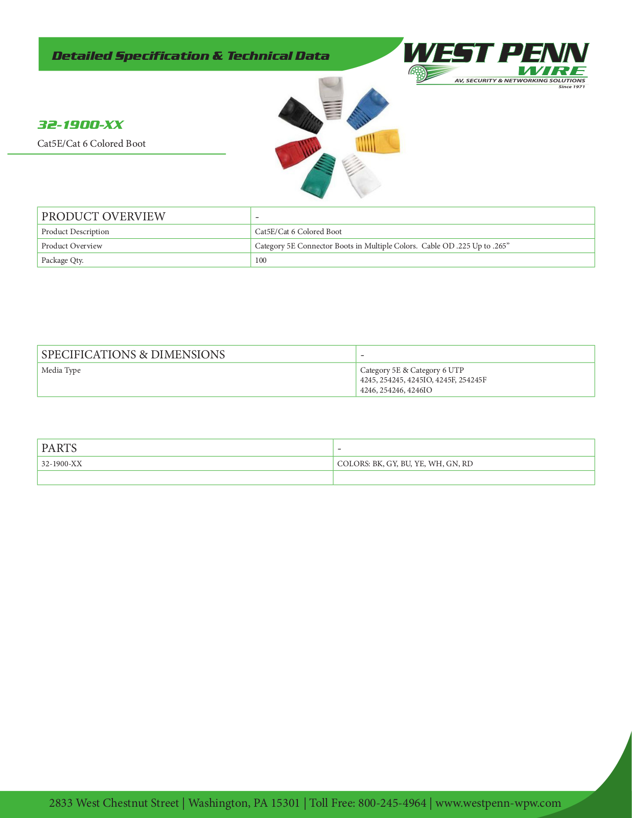 West Penn 32-1900-BL, 32-1900-GN, 32-1900-GY, 32-1900-OR, 32-1900-WH Specsheet