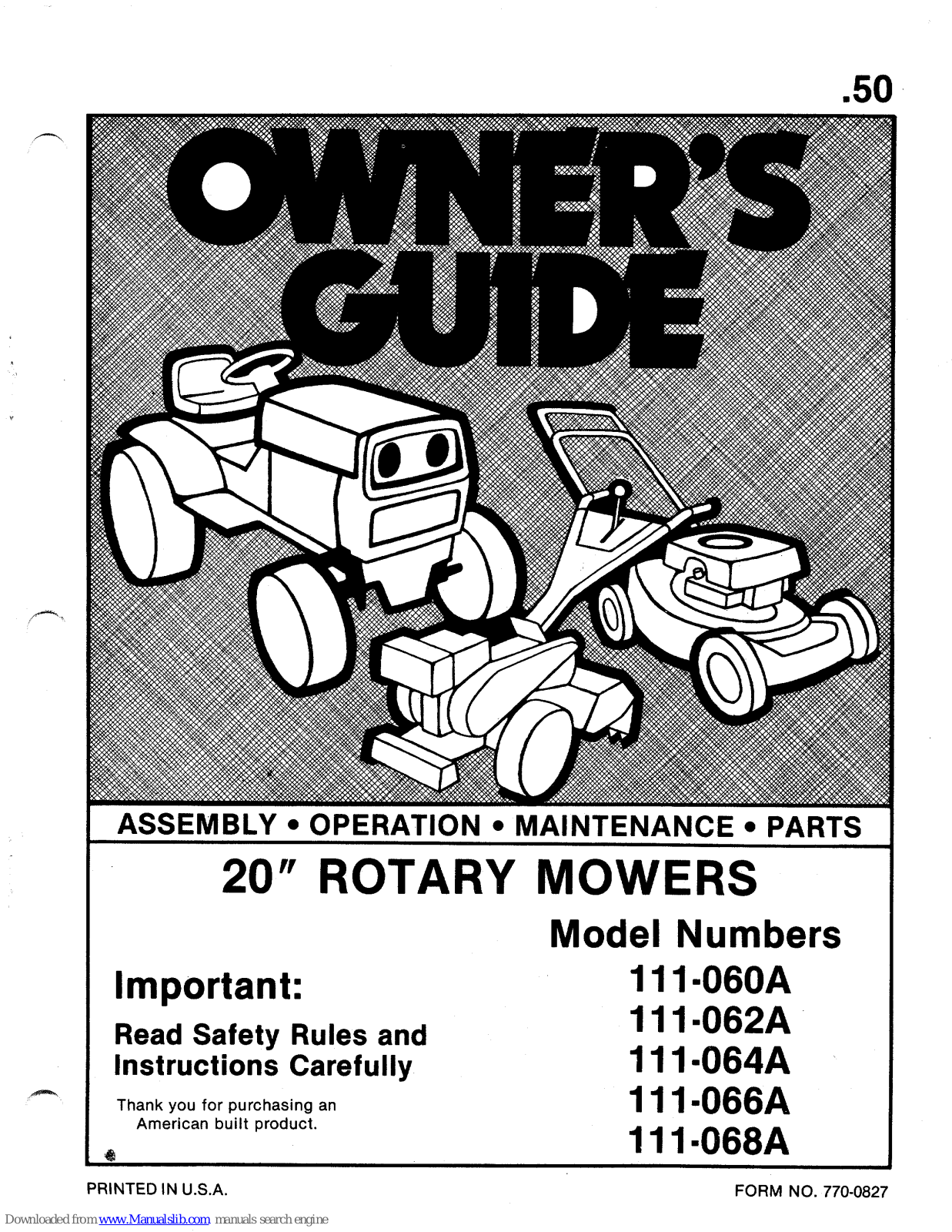 MTD 111-060A, 111-062A, 111-064A, 111-066A, 111-068A Owner's Manual