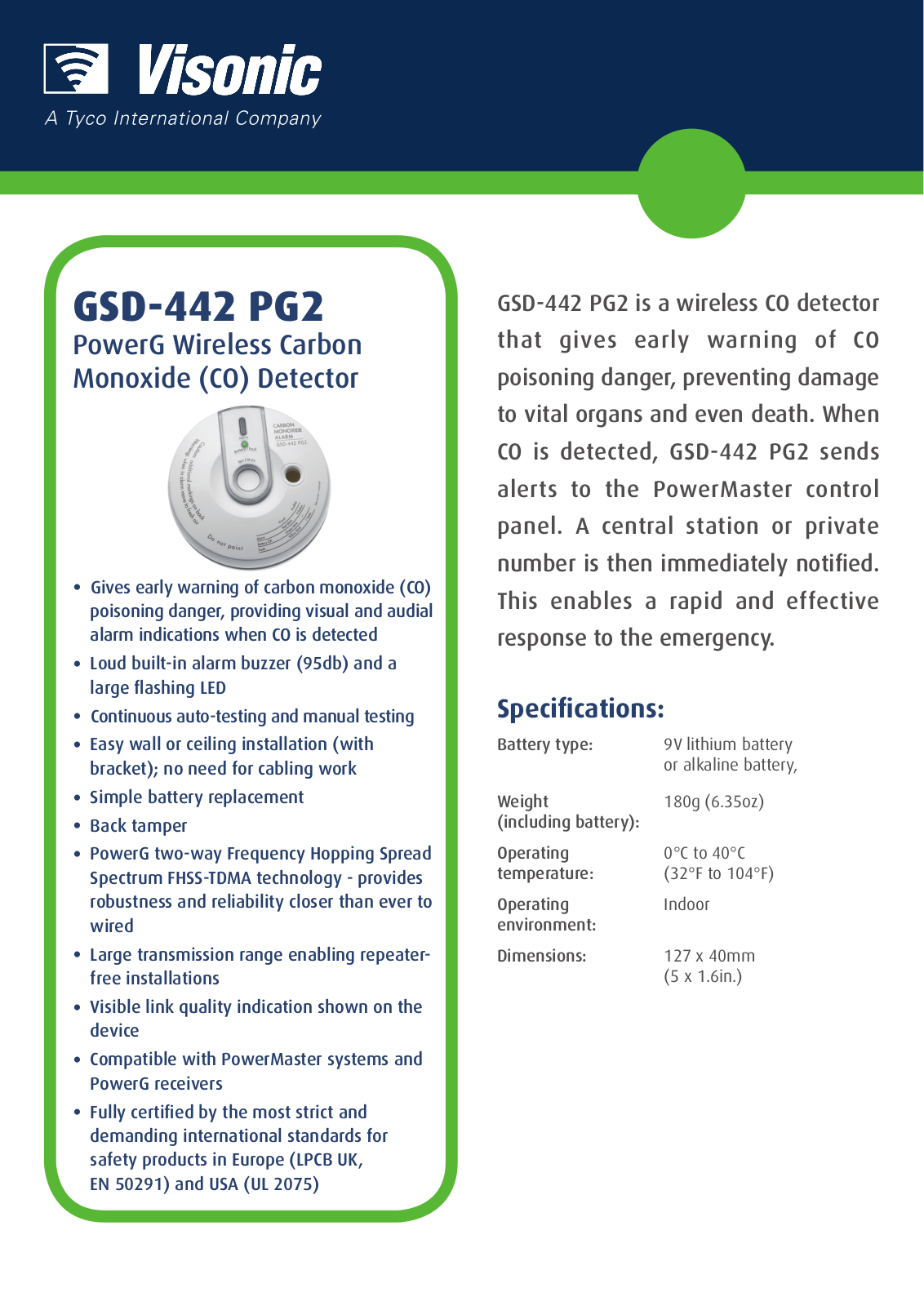 Visonic GSD-442 PG2 Specsheet