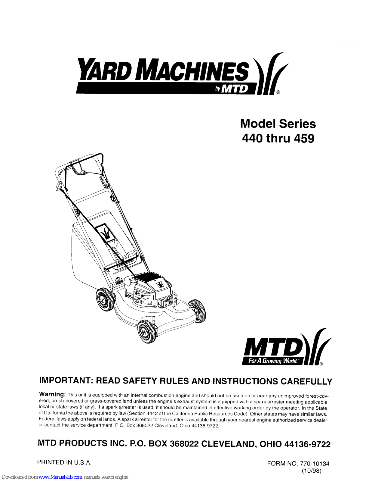 Yard Machines 440, 459 Owner's Manual