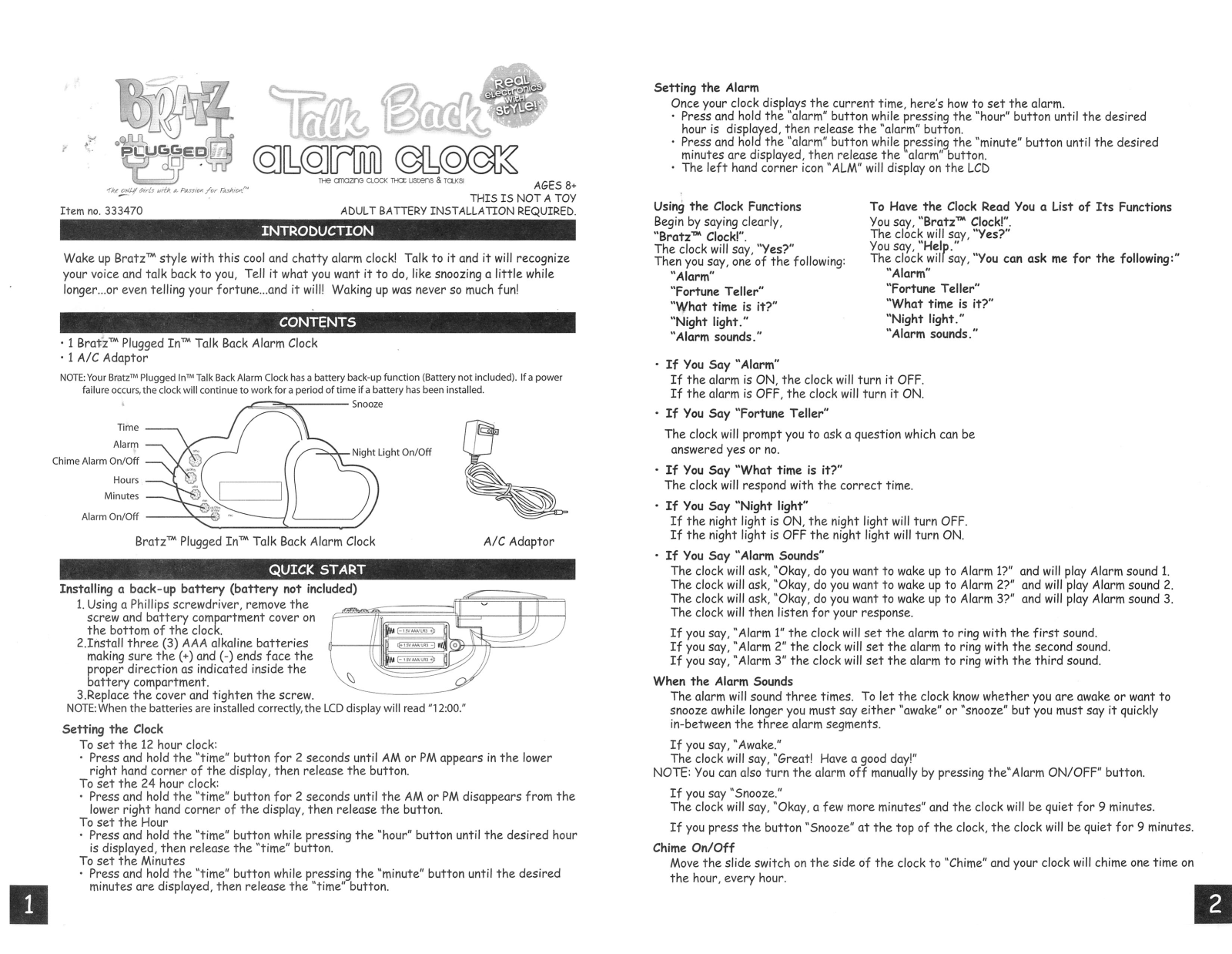 Mga Entertainment BRATZ PLUGGED IN TALK BACK ALARM CLOCK 1 2 User Manual