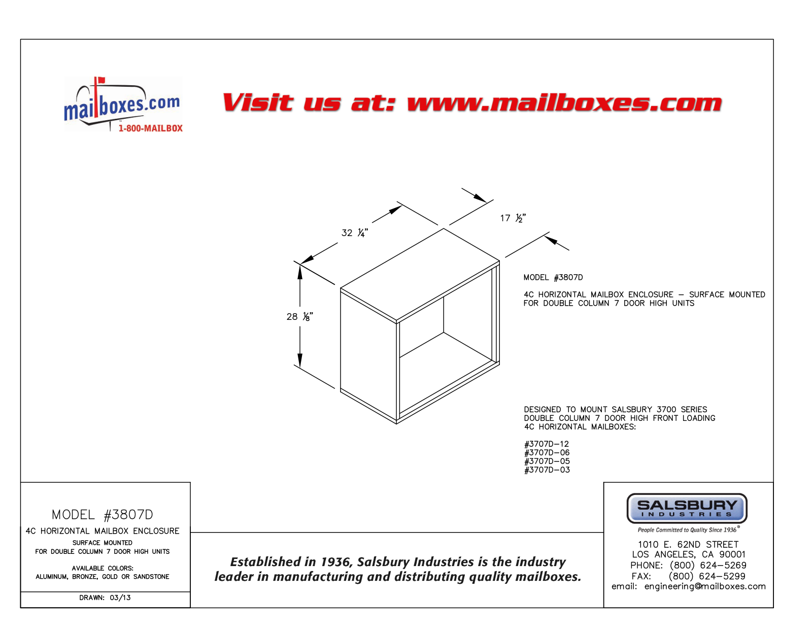 Salsbury Industries 3807DGLD, 3807DALM, 3807DBRZ, 3807DSAN User Manual