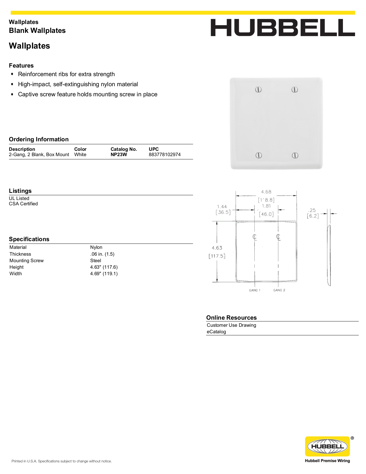 Hubbell NP23W Specifications