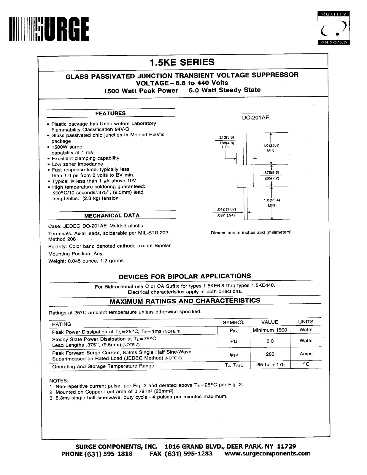 SURGE 1.5KE91C, 1.5KE91A, 1.5KE91, 1.5KE9.1CA, 1.5KE82A Datasheet