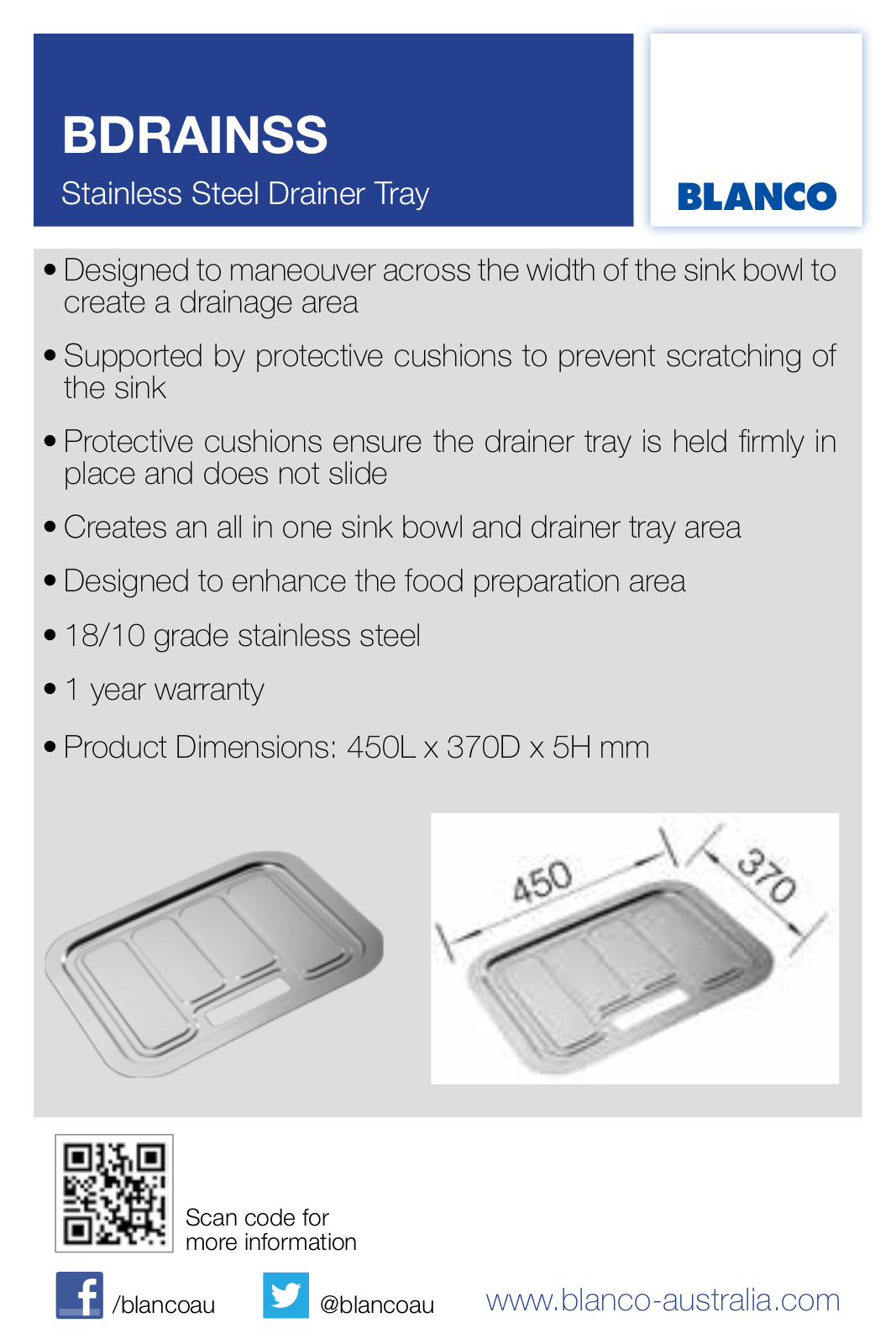 Blanco BDRAINSS Specifications Sheet