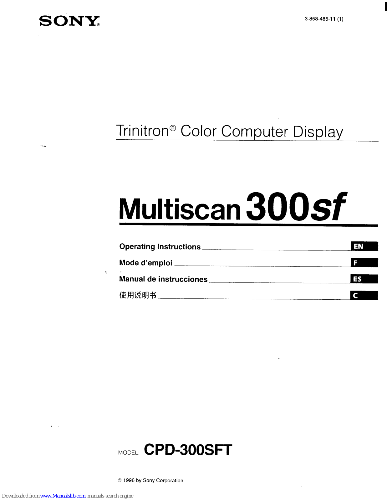 Sony Trinitron CPD-300SF, Multiscan 300sf Operating Instructions Manual