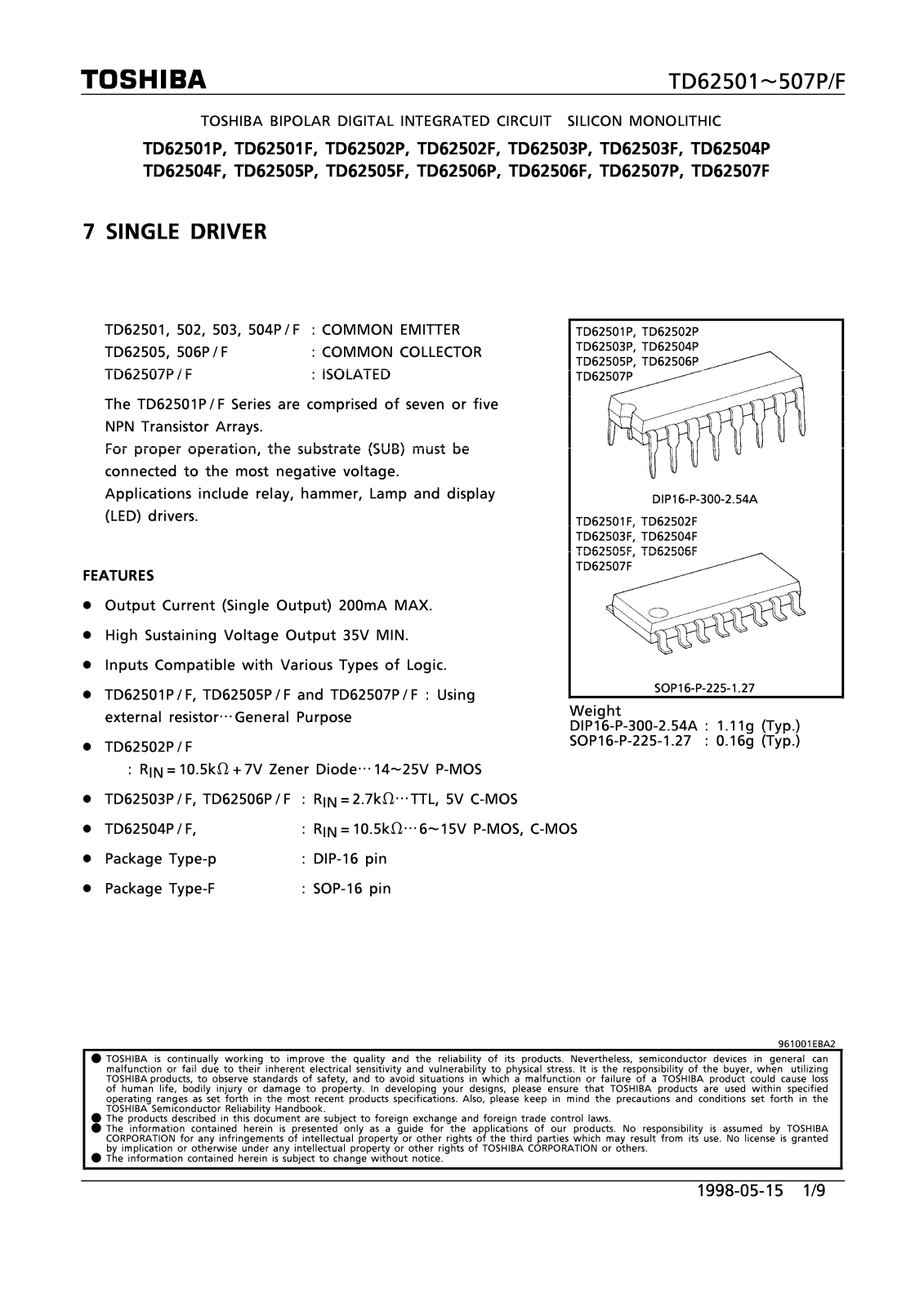 TOSHIBA TD62501P Technical data