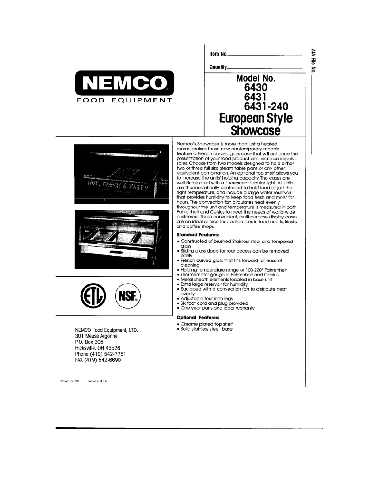 Nemco 6431 Specifications