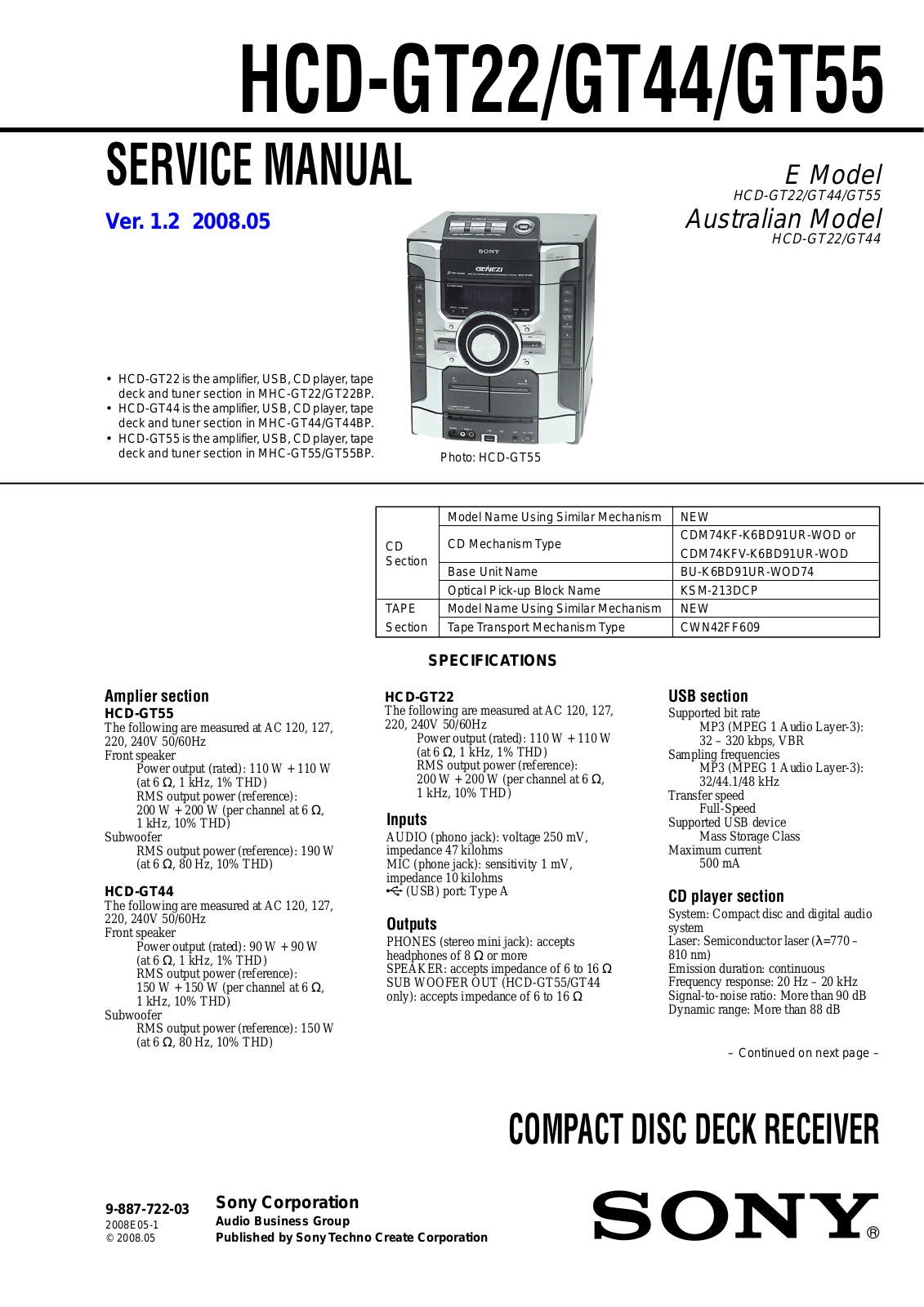 Sony HCD-GT22, HCD-GT55, HCD-GT44 User Manual