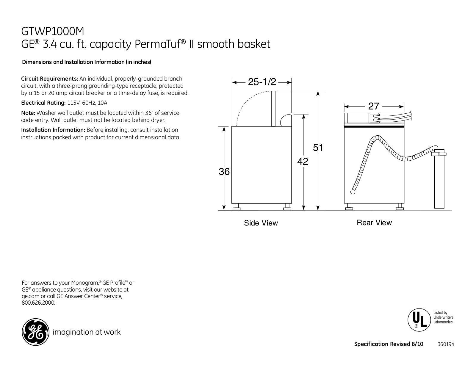 General Electric GTWP100MWW User Manual