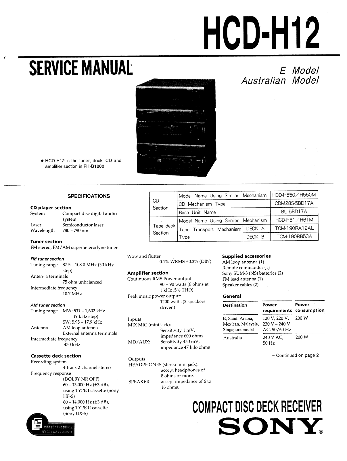 SONY HCD H12 Service Manual
