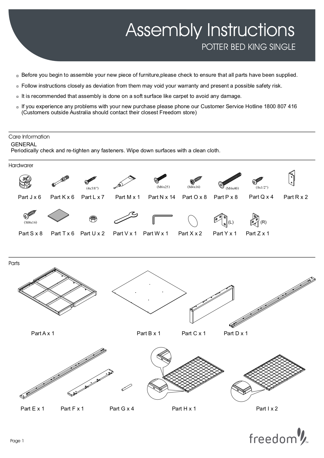 Freedom Potter Bed King Single Assembly Instruction