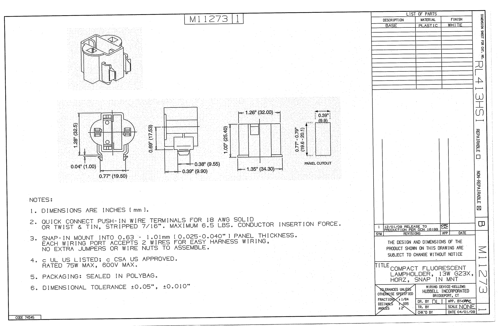 Hubbell RL413HSI Reference Drawing