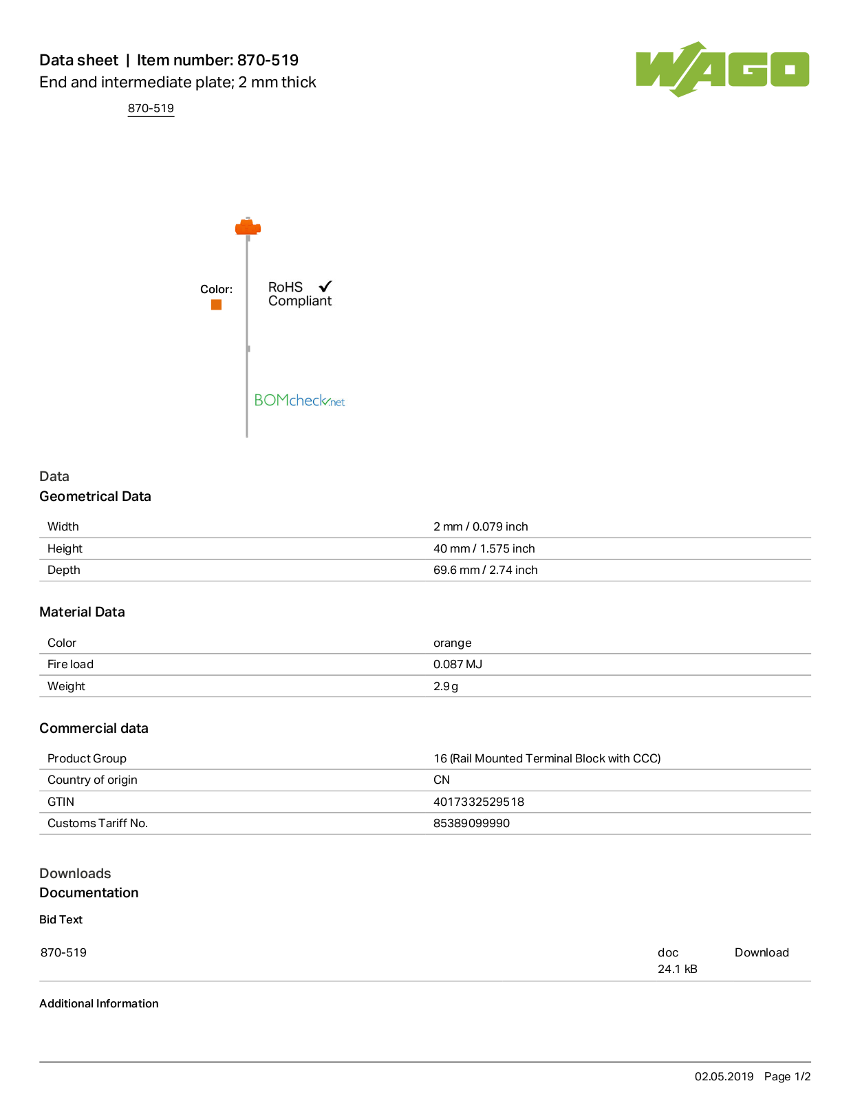 Wago 870-519 Data Sheet