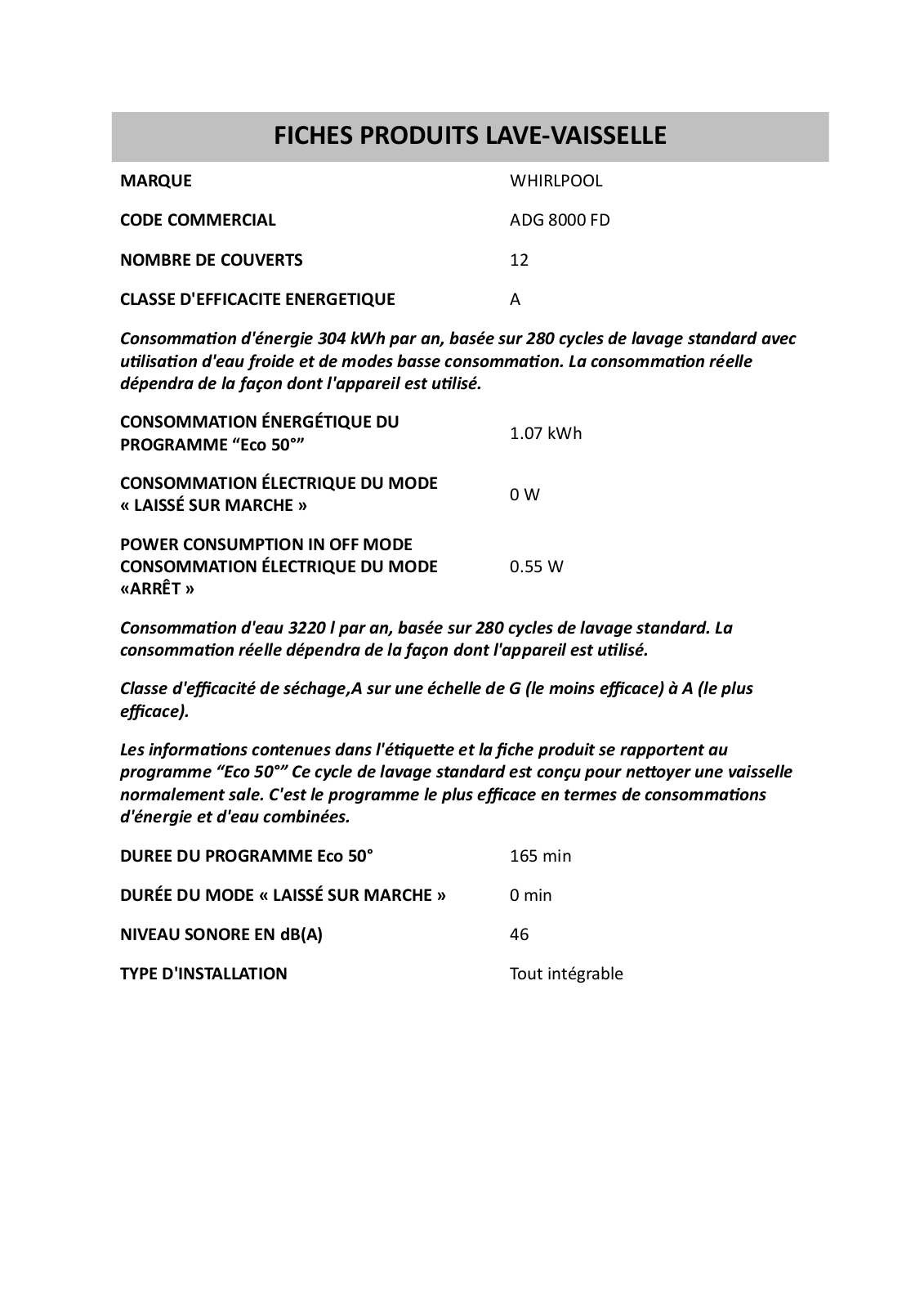 WHIRLPOOL ADG 8000 FD User Manual