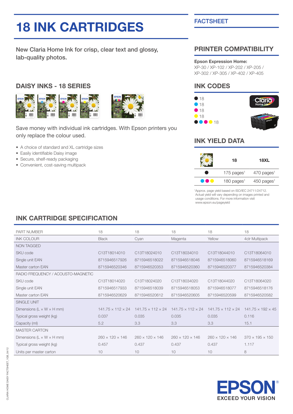 Epson C13T18014010 Product Data Sheet