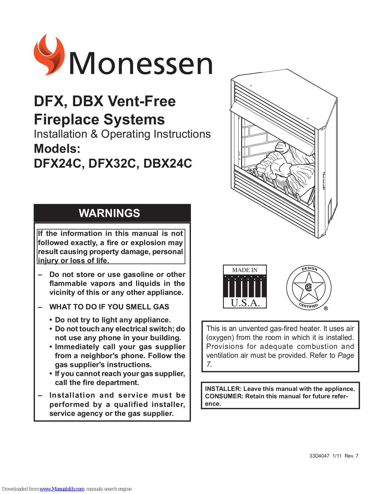 Monessen Hearth DFX32C, 24DFXNMC, 24DFXPMC, 24DFXNVC, 24DFXPVC User Manual