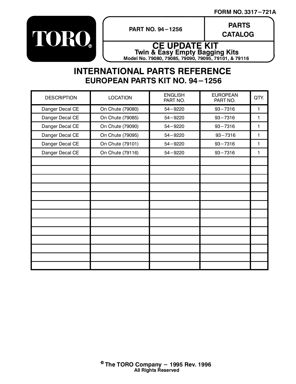 Toro 94-1256 Parts Catalogue