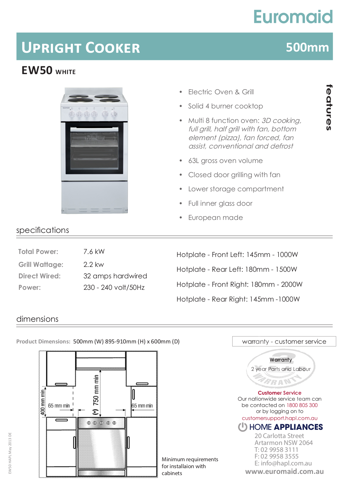 Euromaid EW50 Specifications Sheet