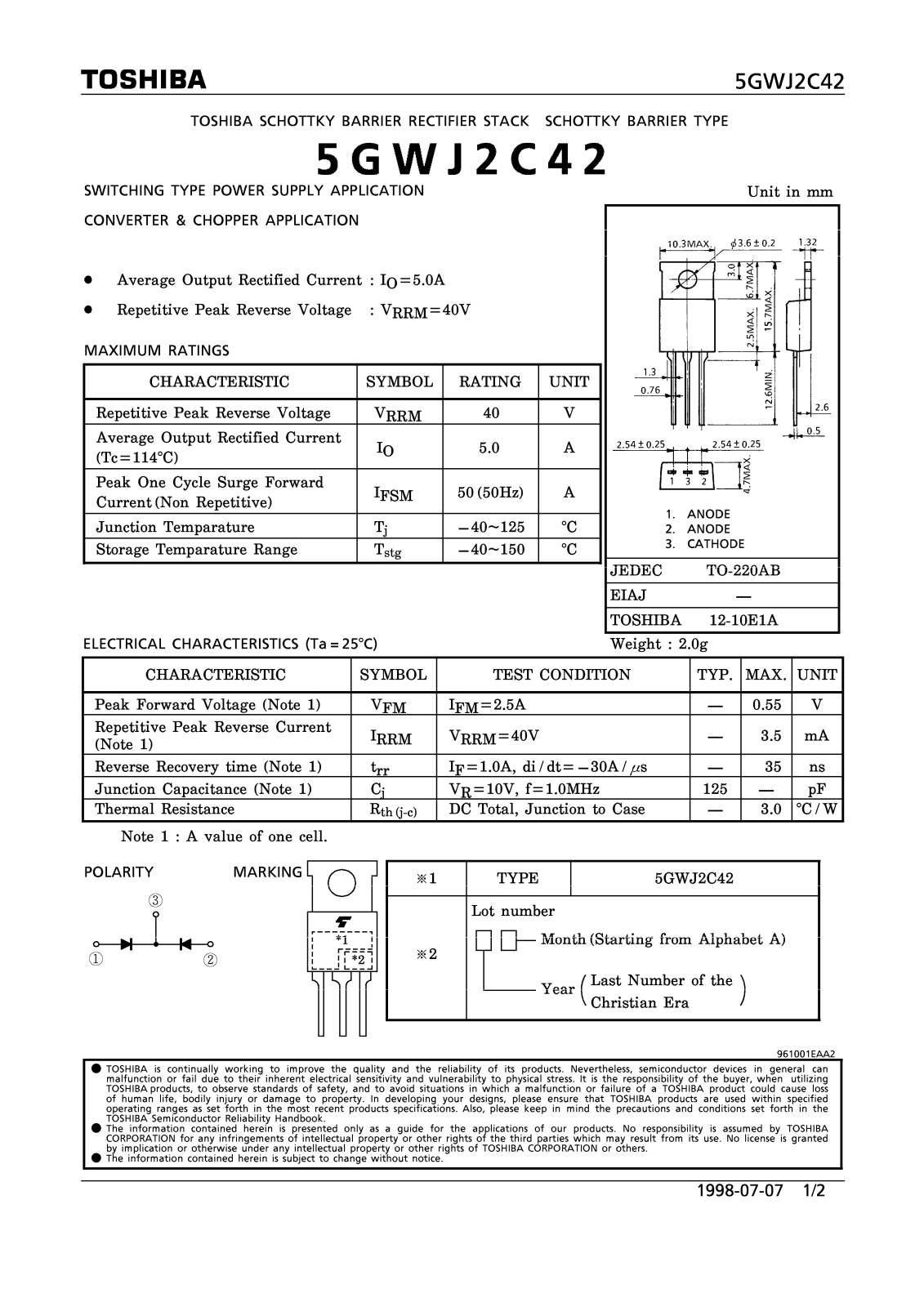 Toshiba 5GWJ2C42 Datasheet