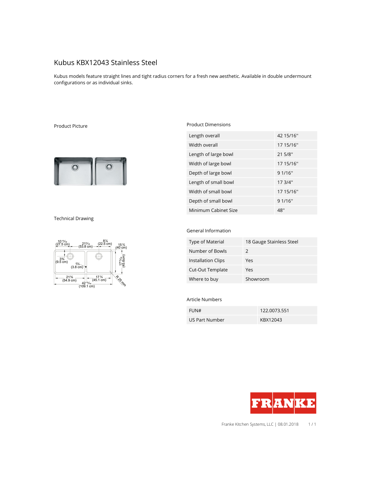 Franke KBX12043 Specs