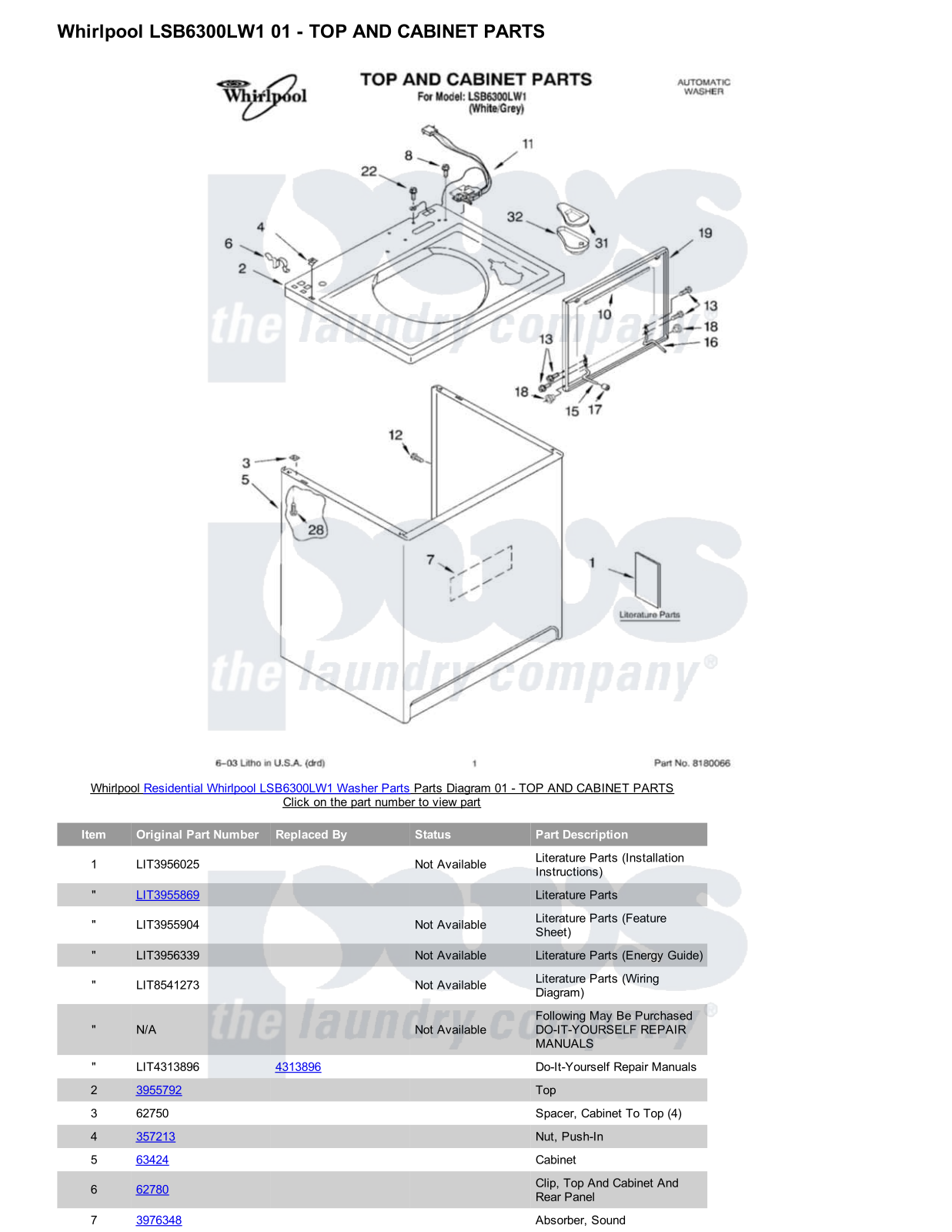 Whirlpool LSB6300LW1 Parts Diagram