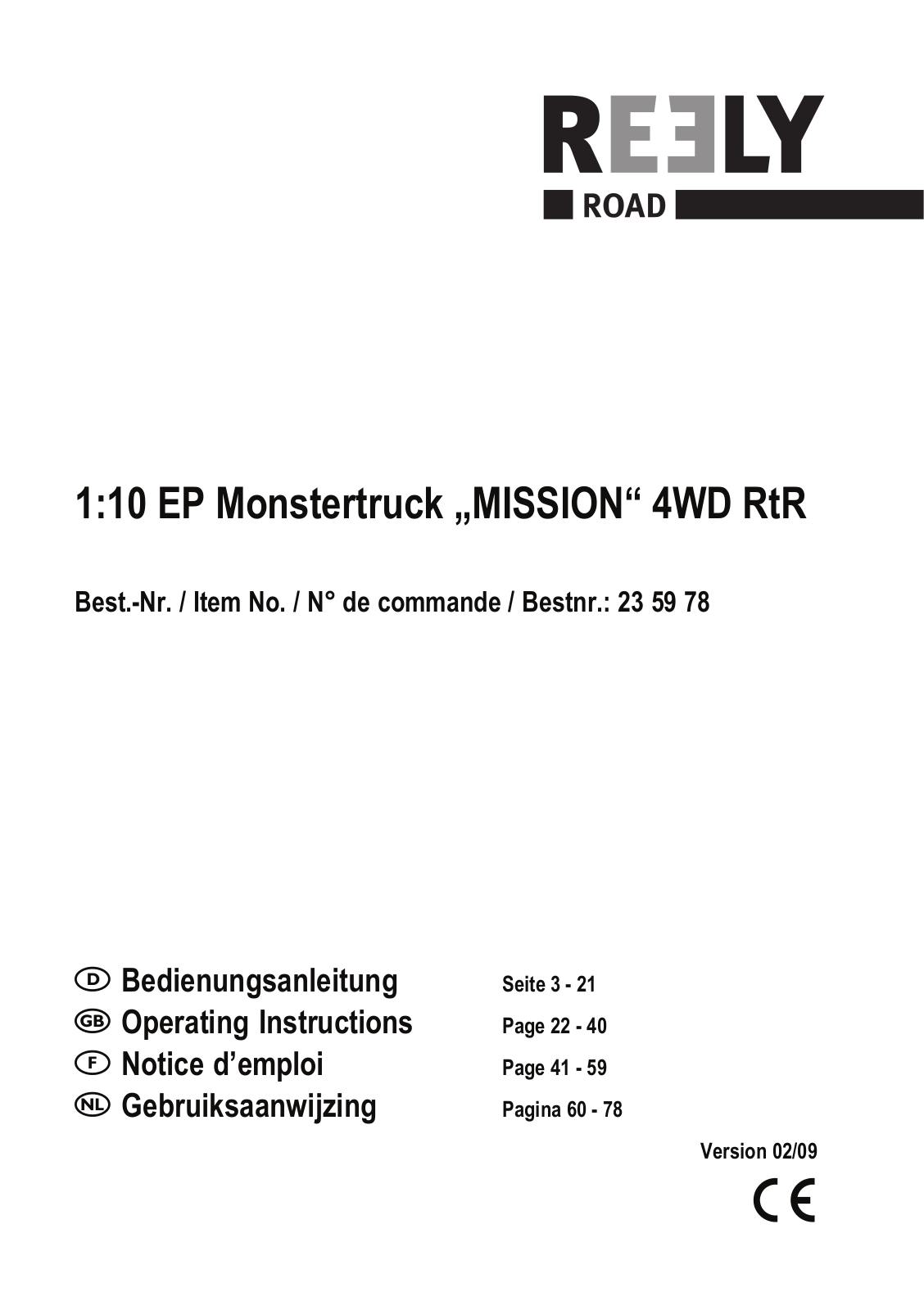 Reely 1:10 EP Monstertruck „MISSION“ 4WD RtR User guide